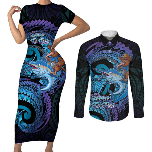 Personalised Blue Marlin Fishing New Zealand Couples Matching Short Sleeve Bodycon Dress and Long Sleeve Button Shirt NZ Kiwi Cowboy Born To Fish
