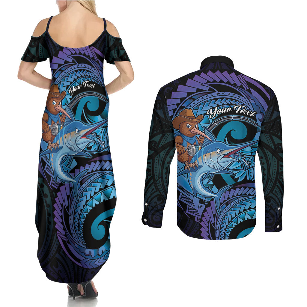 Personalised Blue Marlin Fishing New Zealand Couples Matching Summer Maxi Dress and Long Sleeve Button Shirt NZ Kiwi Cowboy Born To Fish