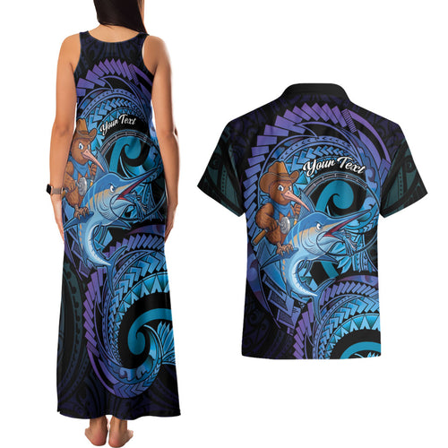 Personalised Blue Marlin Fishing New Zealand Couples Matching Tank Maxi Dress and Hawaiian Shirt NZ Kiwi Cowboy Born To Fish