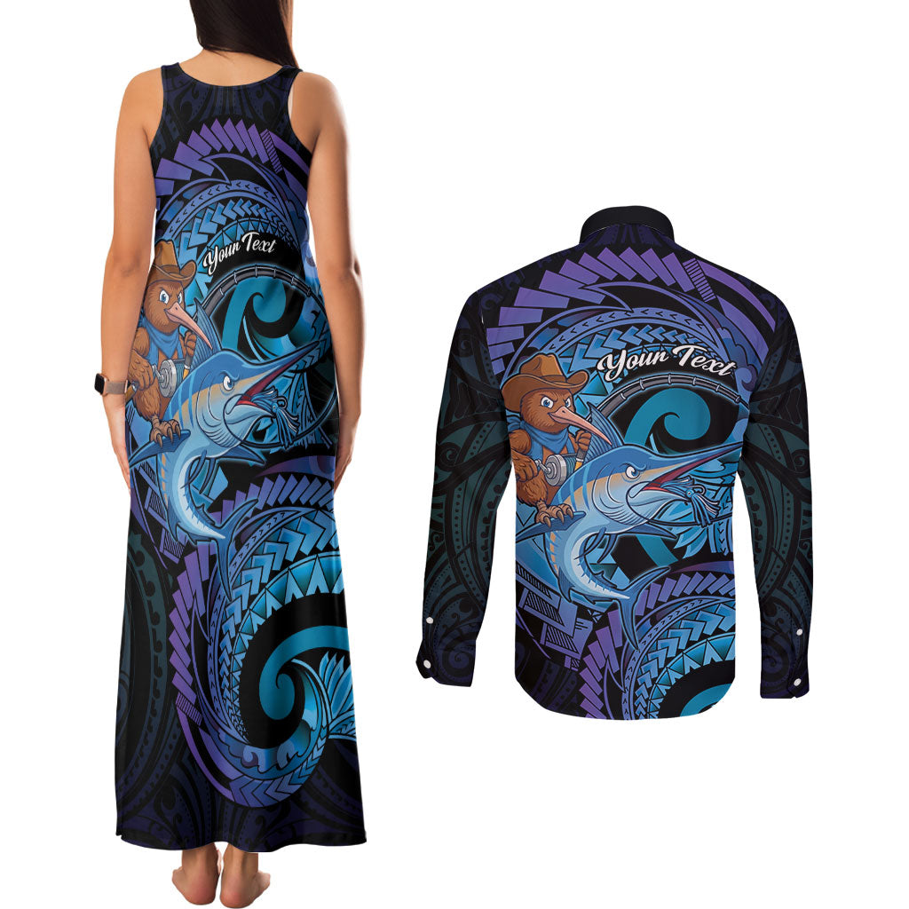 Personalised Blue Marlin Fishing New Zealand Couples Matching Tank Maxi Dress and Long Sleeve Button Shirt NZ Kiwi Cowboy Born To Fish