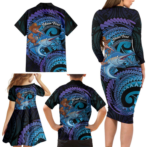Personalised Blue Marlin Fishing New Zealand Family Matching Long Sleeve Bodycon Dress and Hawaiian Shirt NZ Kiwi Cowboy Born To Fish