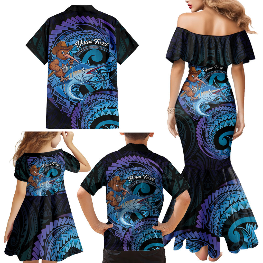 Personalised Blue Marlin Fishing New Zealand Family Matching Mermaid Dress and Hawaiian Shirt NZ Kiwi Cowboy Born To Fish