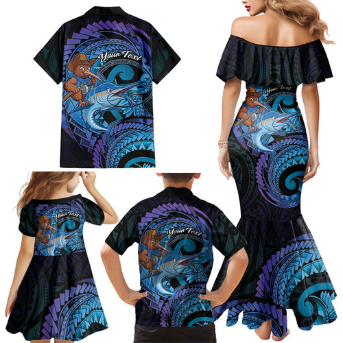 Personalised Blue Marlin Fishing New Zealand Family Matching Mermaid Dress and Hawaiian Shirt NZ Kiwi Cowboy Born To Fish
