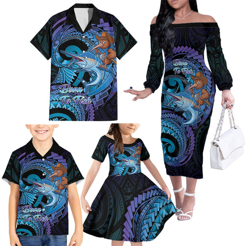 Personalised Blue Marlin Fishing New Zealand Family Matching Off The Shoulder Long Sleeve Dress and Hawaiian Shirt NZ Kiwi Cowboy Born To Fish