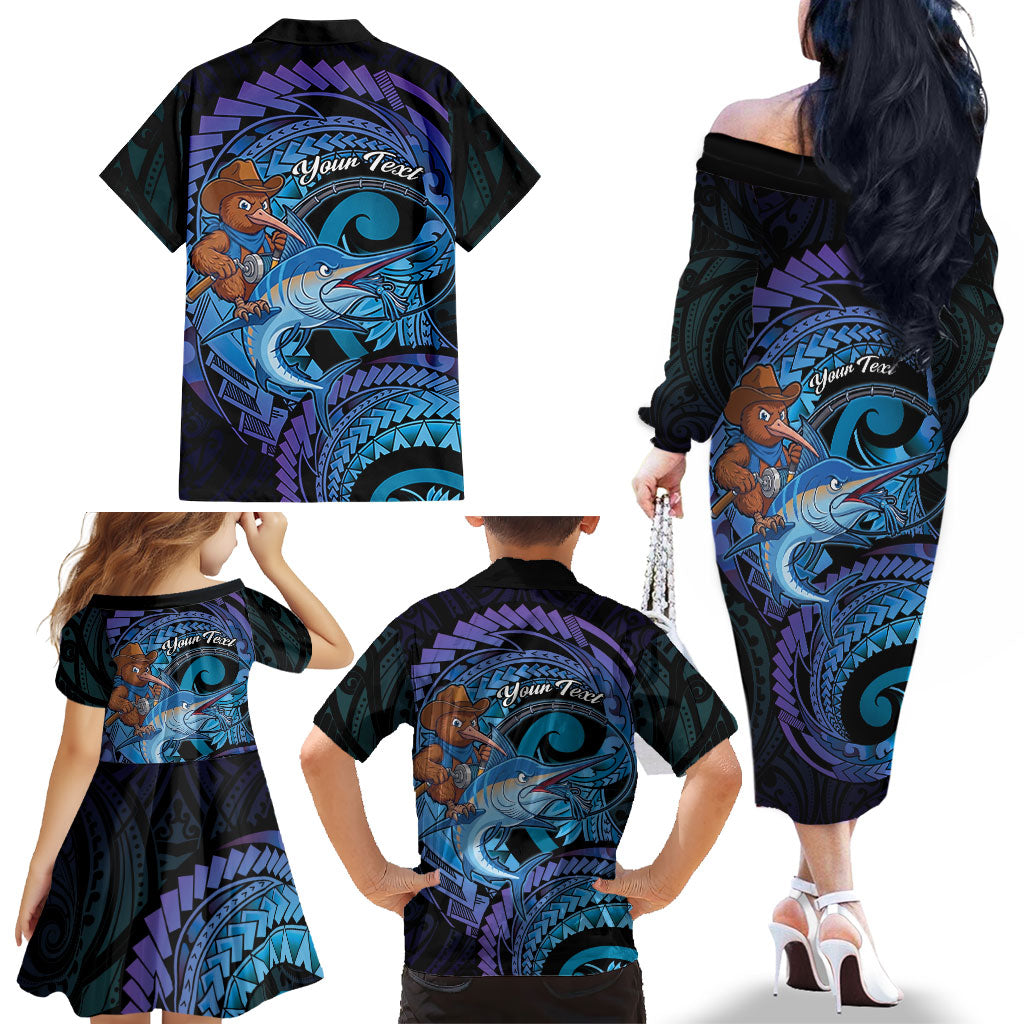 Personalised Blue Marlin Fishing New Zealand Family Matching Off The Shoulder Long Sleeve Dress and Hawaiian Shirt NZ Kiwi Cowboy Born To Fish