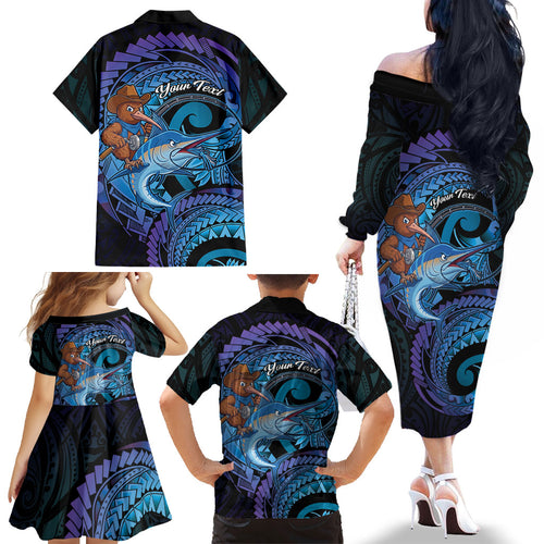 Personalised Blue Marlin Fishing New Zealand Family Matching Off The Shoulder Long Sleeve Dress and Hawaiian Shirt NZ Kiwi Cowboy Born To Fish