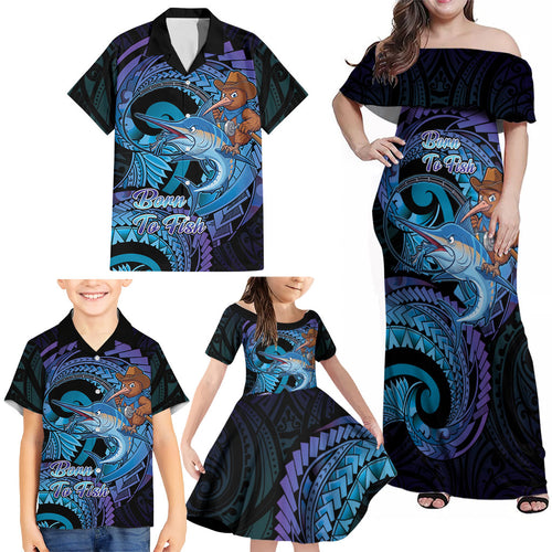 Personalised Blue Marlin Fishing New Zealand Family Matching Off Shoulder Maxi Dress and Hawaiian Shirt NZ Kiwi Cowboy Born To Fish