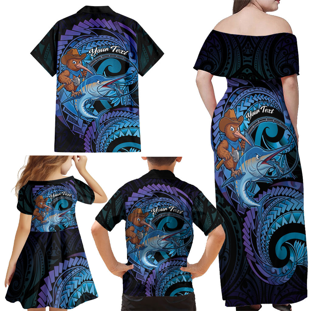 Personalised Blue Marlin Fishing New Zealand Family Matching Off Shoulder Maxi Dress and Hawaiian Shirt NZ Kiwi Cowboy Born To Fish