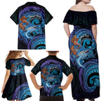 Personalised Blue Marlin Fishing New Zealand Family Matching Off Shoulder Maxi Dress and Hawaiian Shirt NZ Kiwi Cowboy Born To Fish