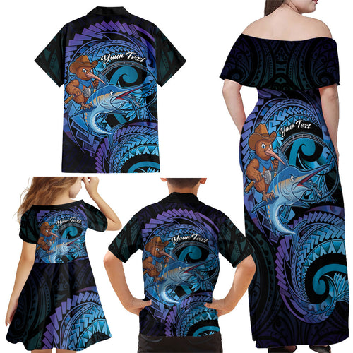Personalised Blue Marlin Fishing New Zealand Family Matching Off Shoulder Maxi Dress and Hawaiian Shirt NZ Kiwi Cowboy Born To Fish