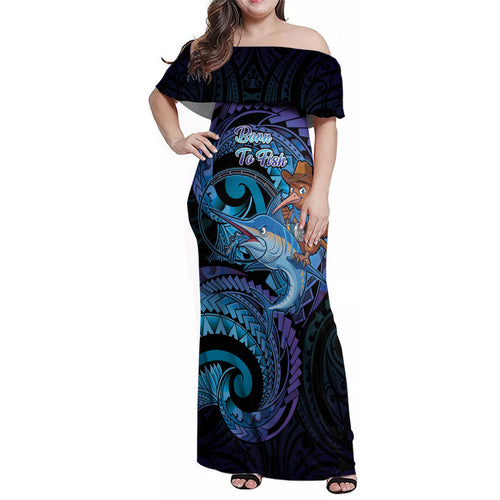 Personalised Blue Marlin Fishing New Zealand Family Matching Off Shoulder Maxi Dress and Hawaiian Shirt NZ Kiwi Cowboy Born To Fish