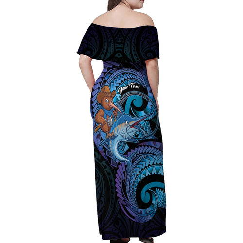 Personalised Blue Marlin Fishing New Zealand Family Matching Off Shoulder Maxi Dress and Hawaiian Shirt NZ Kiwi Cowboy Born To Fish