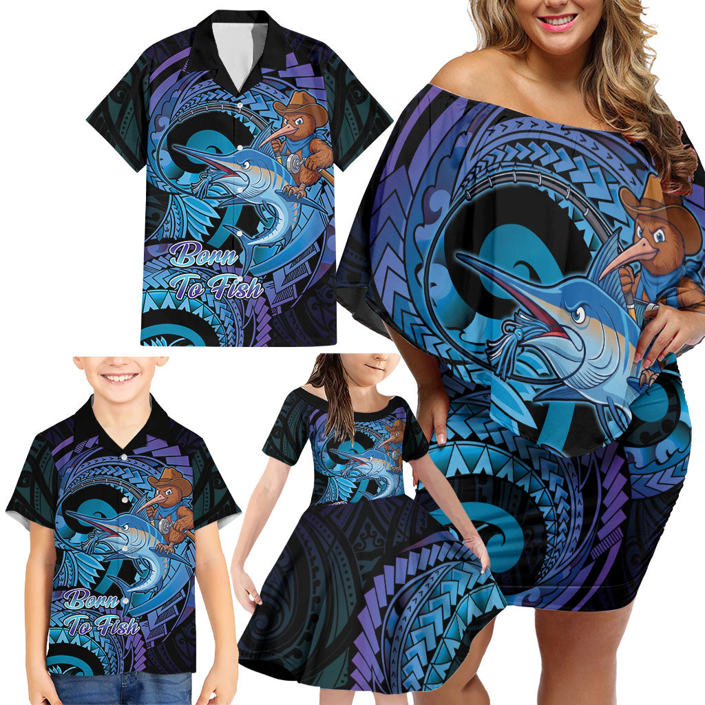 Personalised Blue Marlin Fishing New Zealand Family Matching Off Shoulder Short Dress and Hawaiian Shirt NZ Kiwi Cowboy Born To Fish