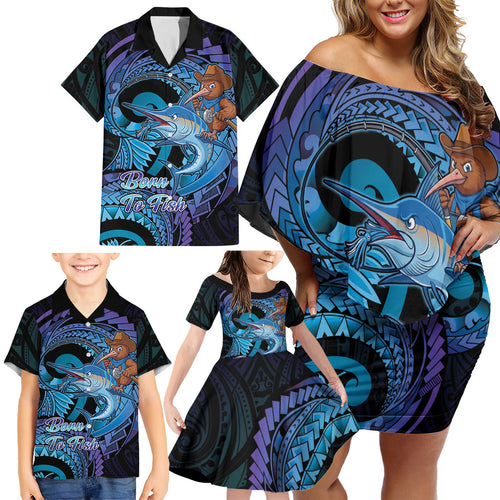 Personalised Blue Marlin Fishing New Zealand Family Matching Off Shoulder Short Dress and Hawaiian Shirt NZ Kiwi Cowboy Born To Fish