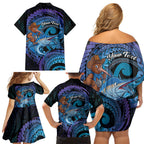 Personalised Blue Marlin Fishing New Zealand Family Matching Off Shoulder Short Dress and Hawaiian Shirt NZ Kiwi Cowboy Born To Fish