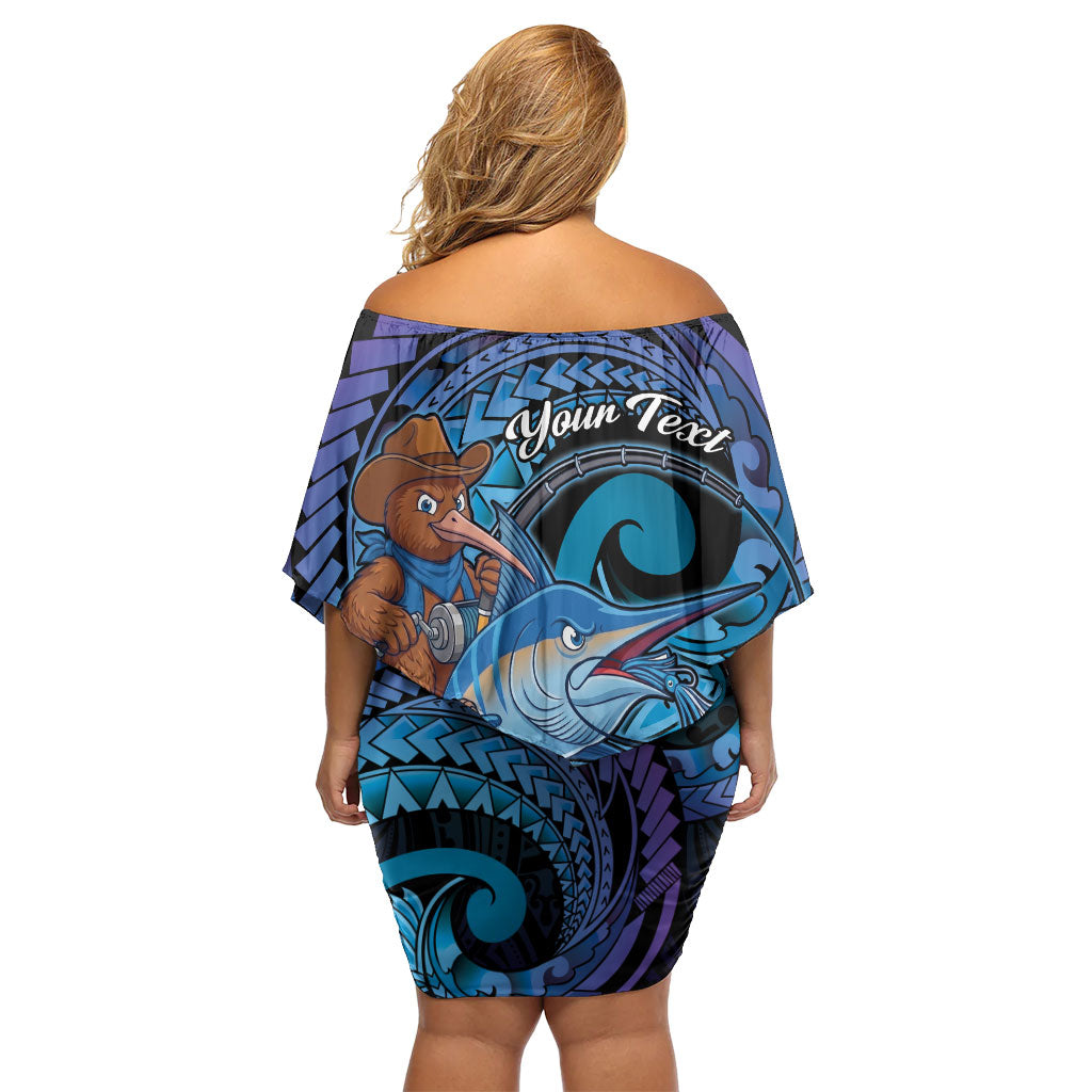 Personalised Blue Marlin Fishing New Zealand Family Matching Off Shoulder Short Dress and Hawaiian Shirt NZ Kiwi Cowboy Born To Fish