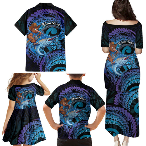 Personalised Blue Marlin Fishing New Zealand Family Matching Puletasi and Hawaiian Shirt NZ Kiwi Cowboy Born To Fish