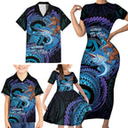 Personalised Blue Marlin Fishing New Zealand Family Matching Short Sleeve Bodycon Dress and Hawaiian Shirt NZ Kiwi Cowboy Born To Fish