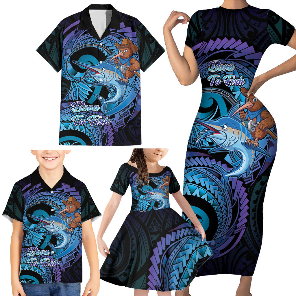 Personalised Blue Marlin Fishing New Zealand Family Matching Short Sleeve Bodycon Dress and Hawaiian Shirt NZ Kiwi Cowboy Born To Fish