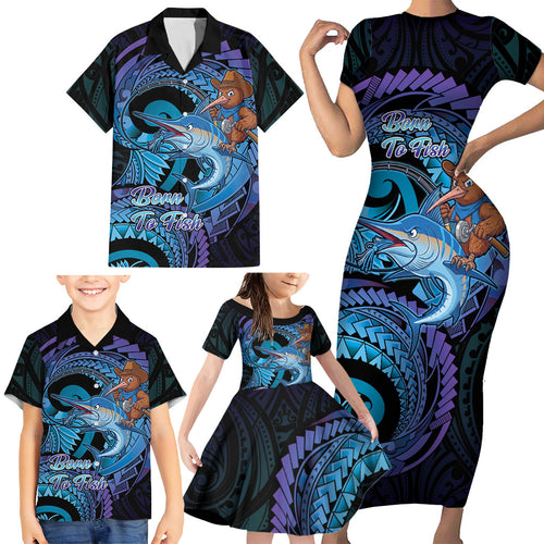 Personalised Blue Marlin Fishing New Zealand Family Matching Short Sleeve Bodycon Dress and Hawaiian Shirt NZ Kiwi Cowboy Born To Fish