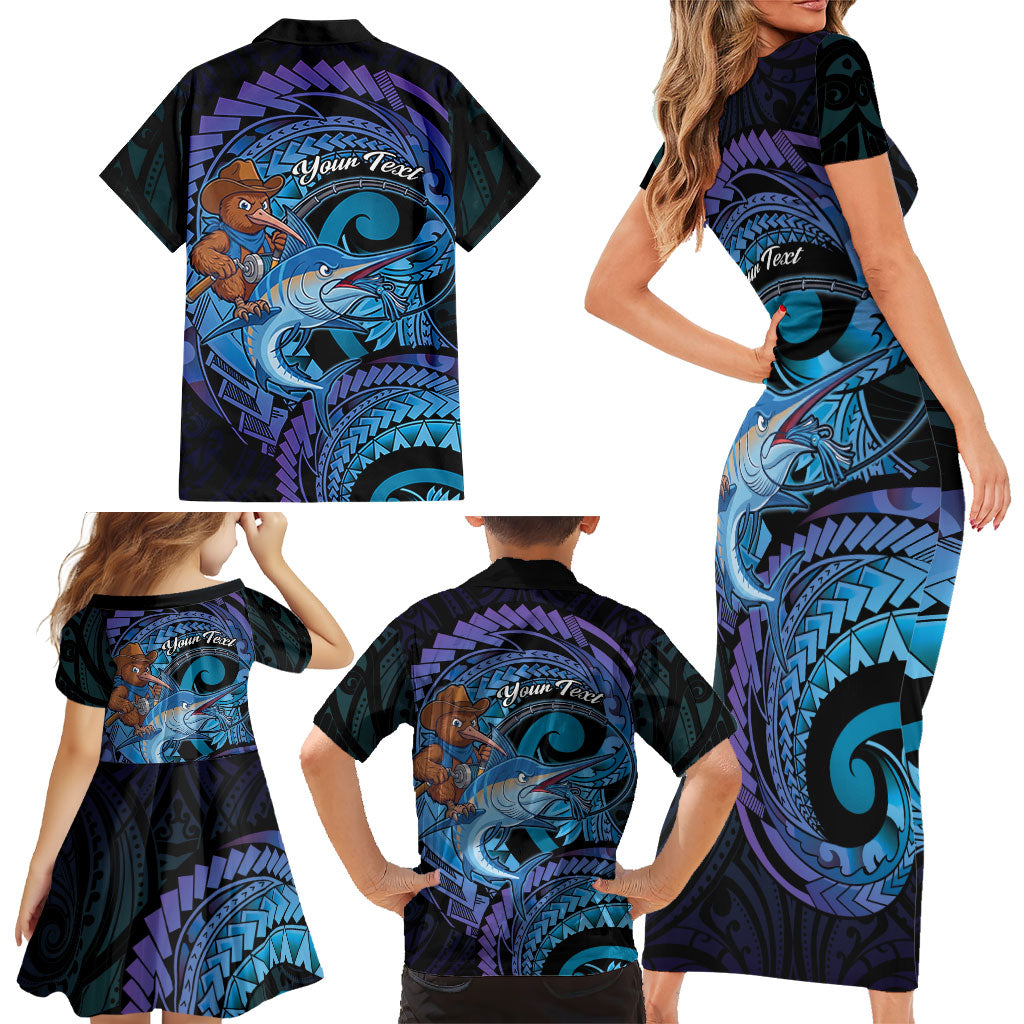 Personalised Blue Marlin Fishing New Zealand Family Matching Short Sleeve Bodycon Dress and Hawaiian Shirt NZ Kiwi Cowboy Born To Fish