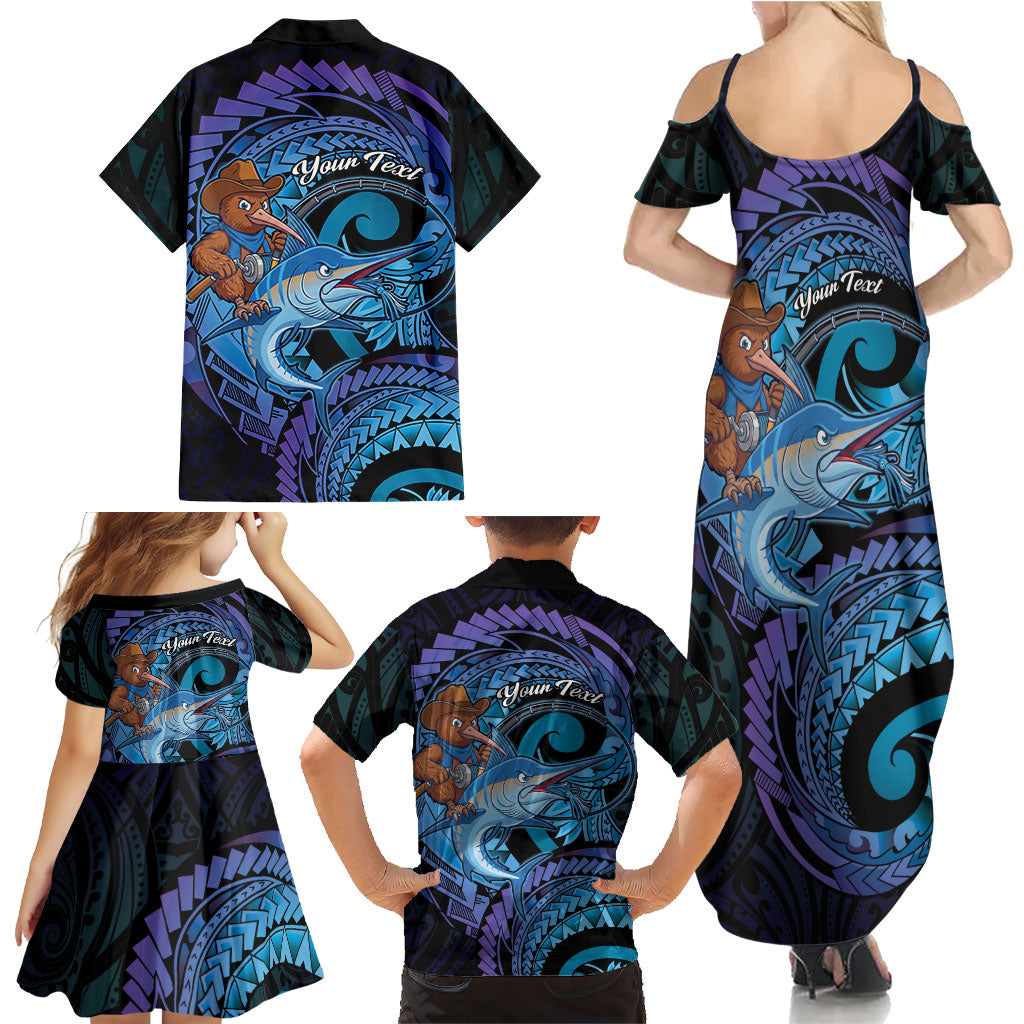 Personalised Blue Marlin Fishing New Zealand Family Matching Summer Maxi Dress and Hawaiian Shirt NZ Kiwi Cowboy Born To Fish