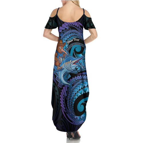 Personalised Blue Marlin Fishing New Zealand Family Matching Summer Maxi Dress and Hawaiian Shirt NZ Kiwi Cowboy Born To Fish