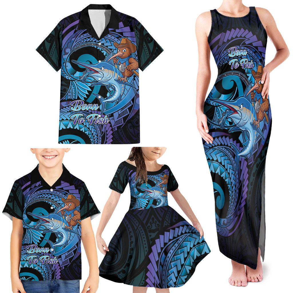 Personalised Blue Marlin Fishing New Zealand Family Matching Tank Maxi Dress and Hawaiian Shirt NZ Kiwi Cowboy Born To Fish