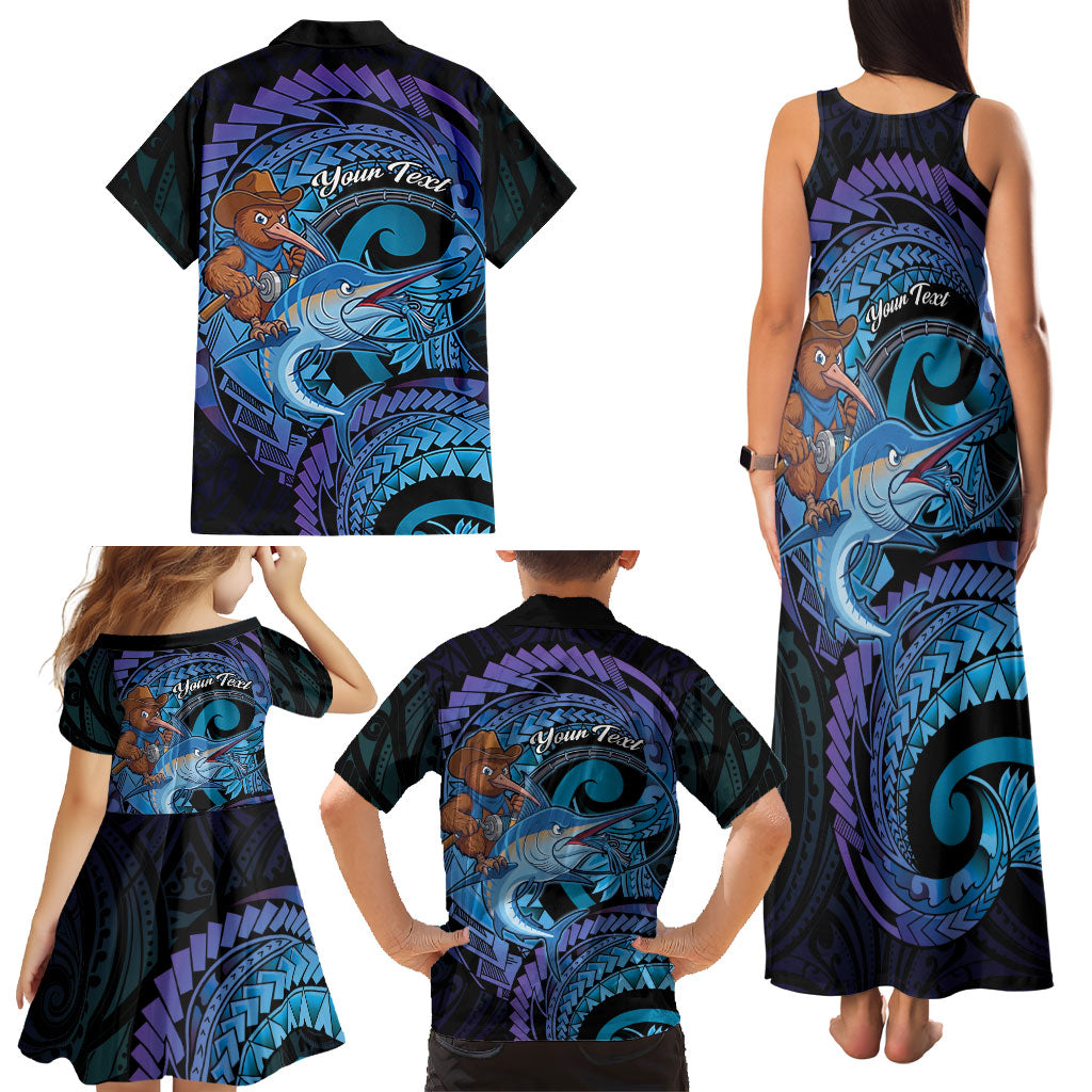 Personalised Blue Marlin Fishing New Zealand Family Matching Tank Maxi Dress and Hawaiian Shirt NZ Kiwi Cowboy Born To Fish