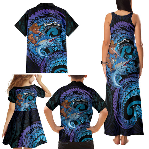 Personalised Blue Marlin Fishing New Zealand Family Matching Tank Maxi Dress and Hawaiian Shirt NZ Kiwi Cowboy Born To Fish