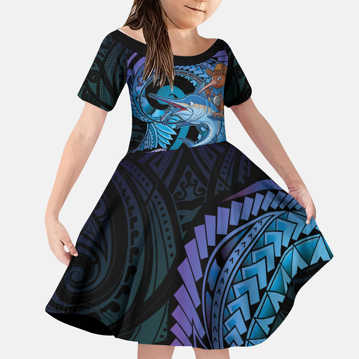 Personalised Blue Marlin Fishing New Zealand Kid Short Sleeve Dress NZ Kiwi Cowboy Born To Fish