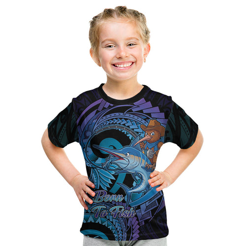 Personalised Blue Marlin Fishing New Zealand Kid T Shirt NZ Kiwi Cowboy Born To Fish
