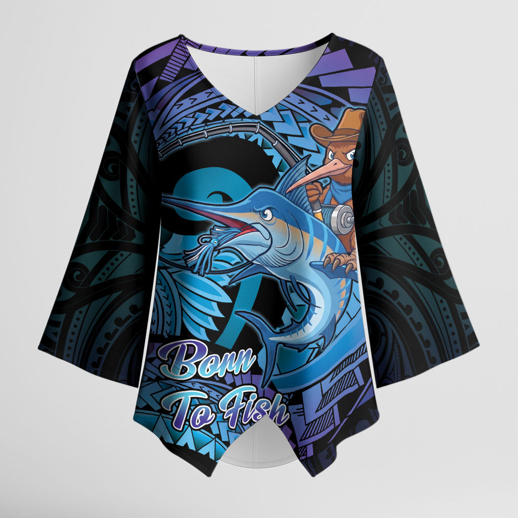 Personalised Blue Marlin Fishing New Zealand Kimono Sleeve Blouse NZ Kiwi Cowboy Born To Fish