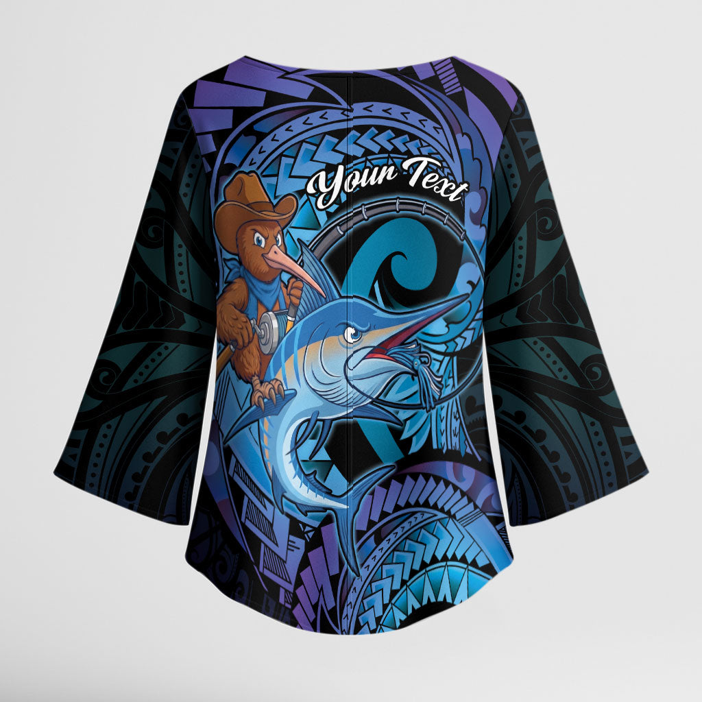 Personalised Blue Marlin Fishing New Zealand Kimono Sleeve Blouse NZ Kiwi Cowboy Born To Fish