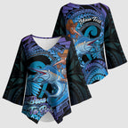 Personalised Blue Marlin Fishing New Zealand Kimono Sleeve Blouse NZ Kiwi Cowboy Born To Fish