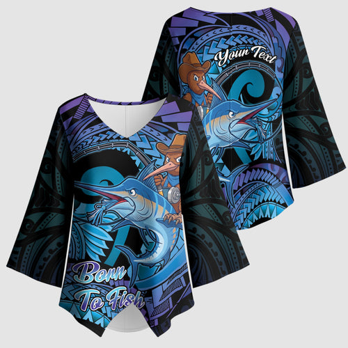 Personalised Blue Marlin Fishing New Zealand Kimono Sleeve Blouse NZ Kiwi Cowboy Born To Fish
