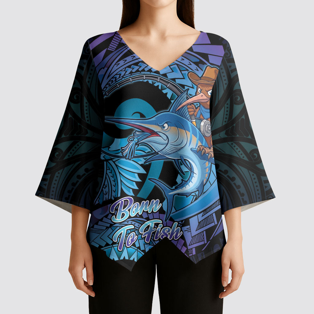 Personalised Blue Marlin Fishing New Zealand Kimono Sleeve Blouse NZ Kiwi Cowboy Born To Fish