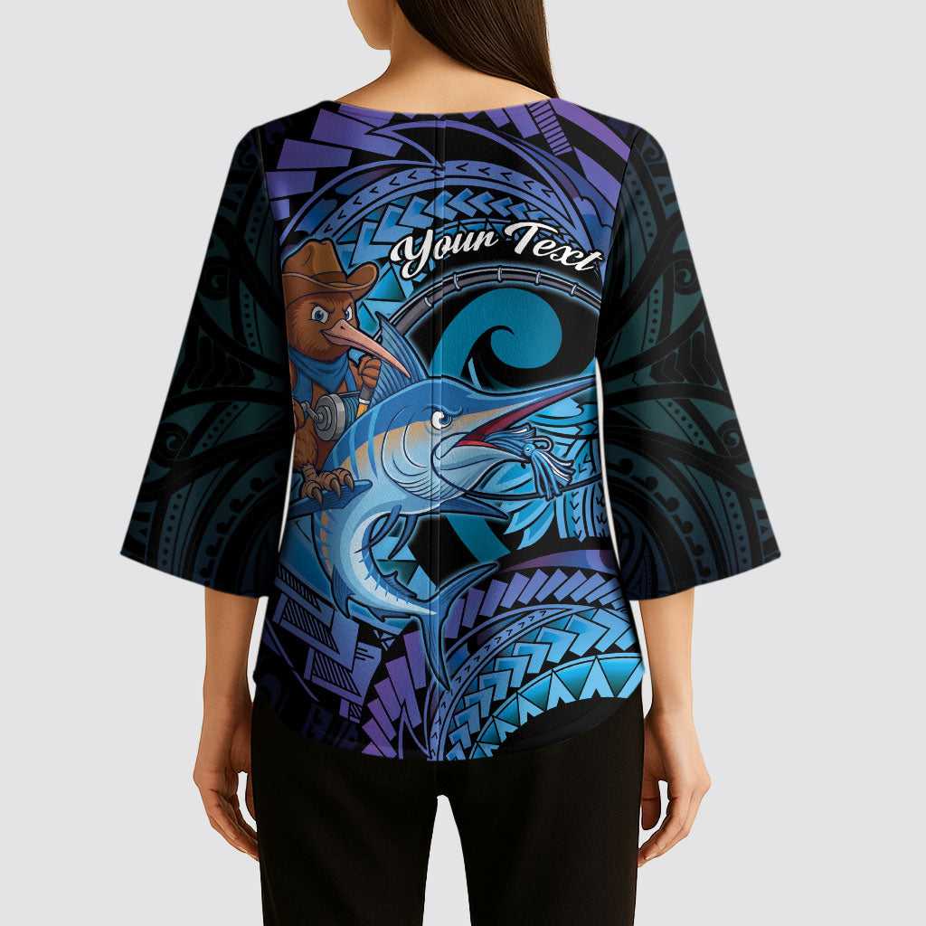 Personalised Blue Marlin Fishing New Zealand Kimono Sleeve Blouse NZ Kiwi Cowboy Born To Fish