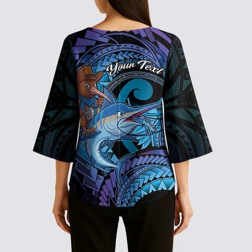 Personalised Blue Marlin Fishing New Zealand Kimono Sleeve Blouse NZ Kiwi Cowboy Born To Fish