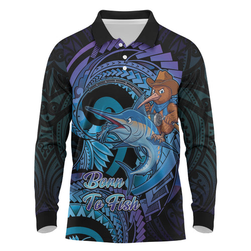 Personalised Blue Marlin Fishing New Zealand Long Sleeve Polo Shirt NZ Kiwi Cowboy Born To Fish