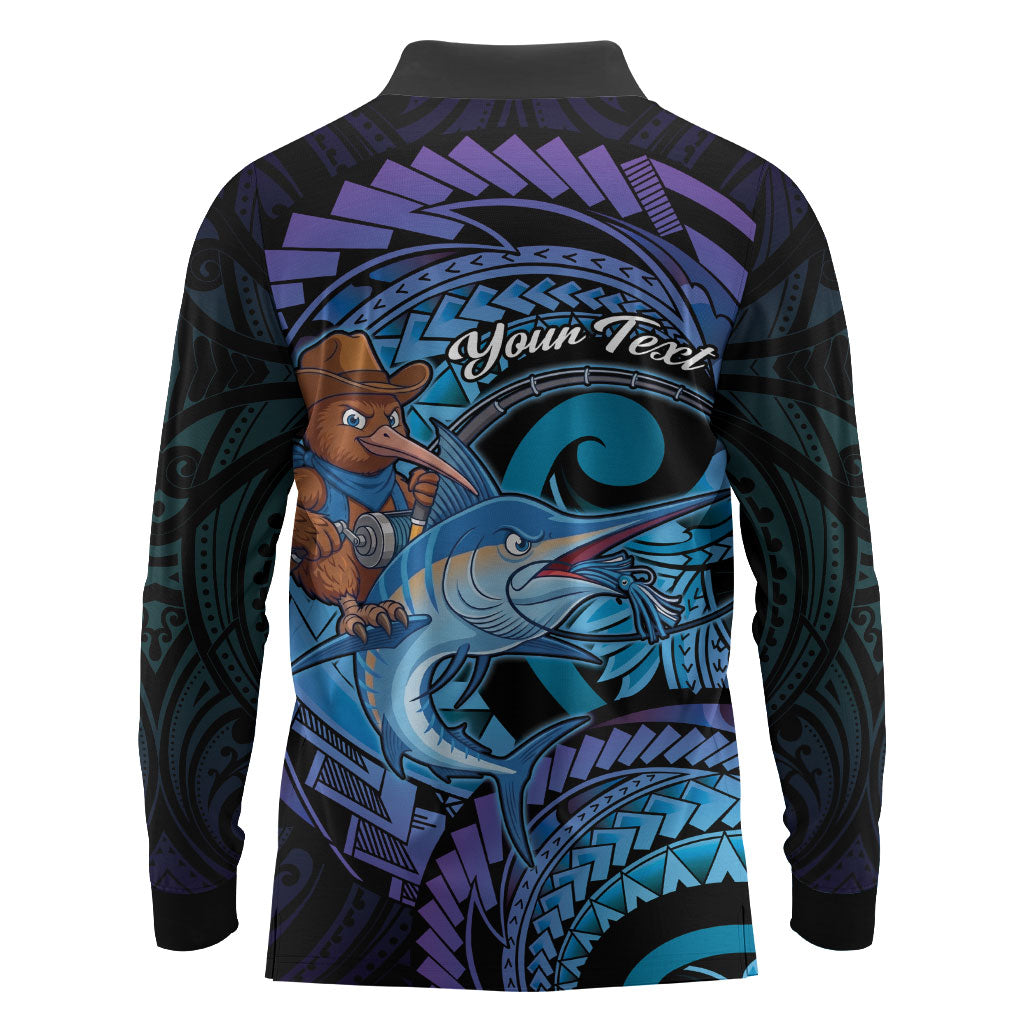 Personalised Blue Marlin Fishing New Zealand Long Sleeve Polo Shirt NZ Kiwi Cowboy Born To Fish