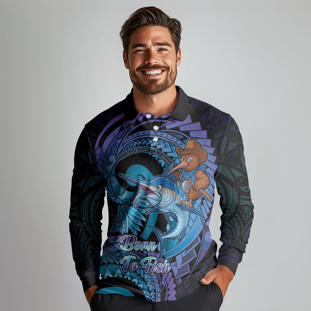 Personalised Blue Marlin Fishing New Zealand Long Sleeve Polo Shirt NZ Kiwi Cowboy Born To Fish