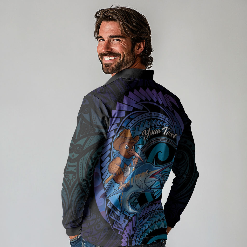 Personalised Blue Marlin Fishing New Zealand Long Sleeve Polo Shirt NZ Kiwi Cowboy Born To Fish