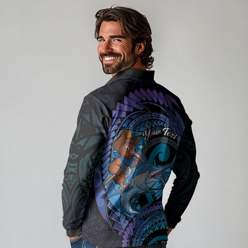 Personalised Blue Marlin Fishing New Zealand Long Sleeve Polo Shirt NZ Kiwi Cowboy Born To Fish