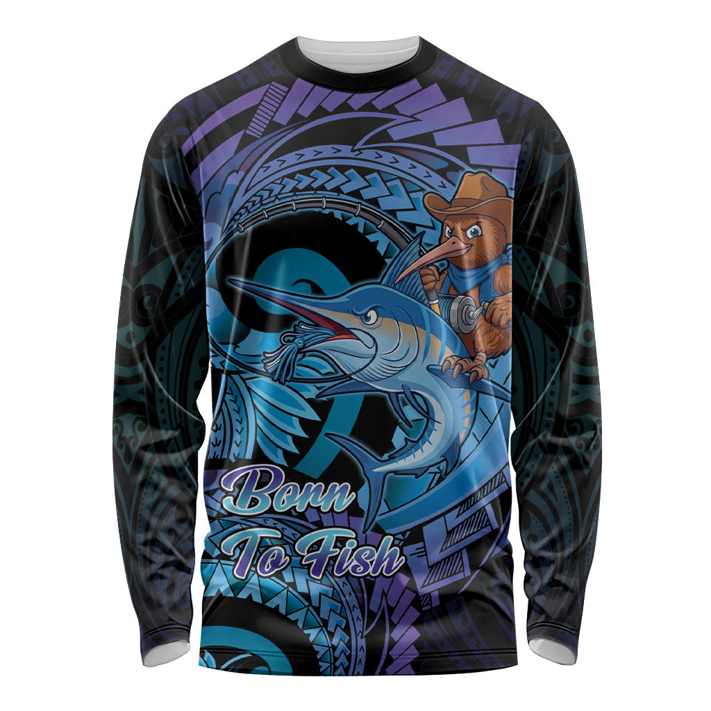 Personalised Blue Marlin Fishing New Zealand Long Sleeve Shirt NZ Kiwi Cowboy Born To Fish