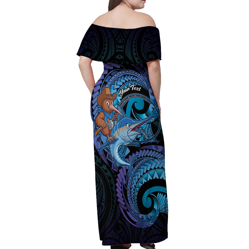 Personalised Blue Marlin Fishing New Zealand Off Shoulder Maxi Dress NZ Kiwi Cowboy Born To Fish