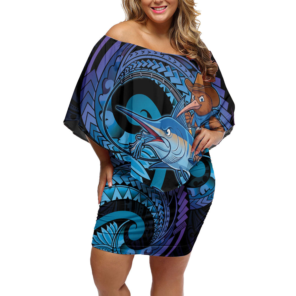 Personalised Blue Marlin Fishing New Zealand Off Shoulder Short Dress NZ Kiwi Cowboy Born To Fish