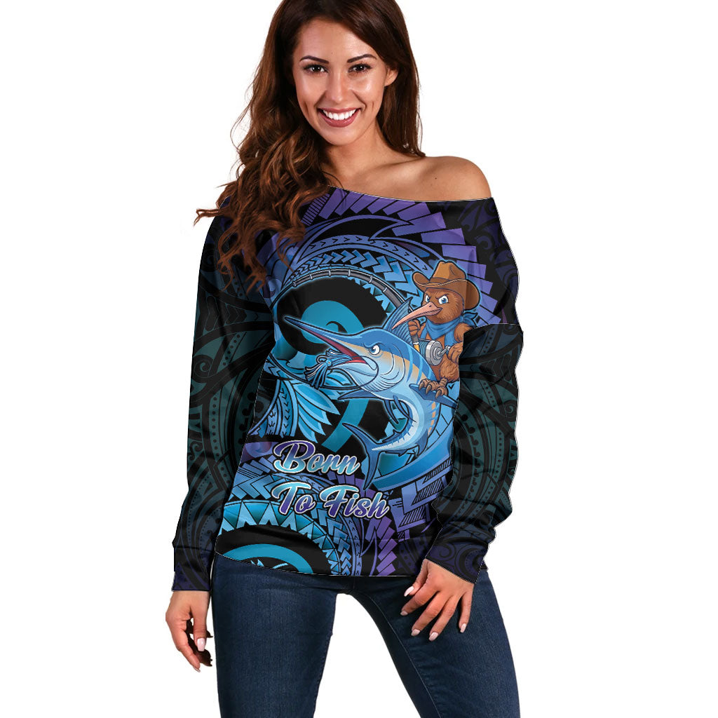 Personalised Blue Marlin Fishing New Zealand Off Shoulder Sweater NZ Kiwi Cowboy Born To Fish