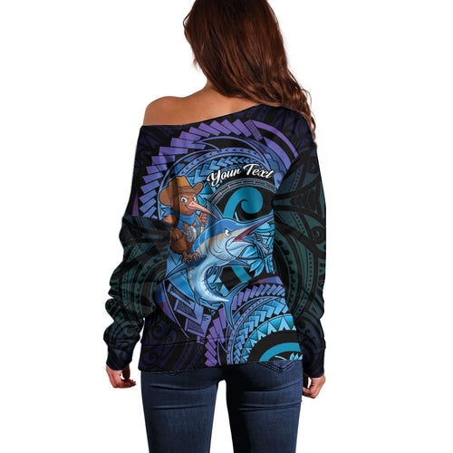 Personalised Blue Marlin Fishing New Zealand Off Shoulder Sweater NZ Kiwi Cowboy Born To Fish