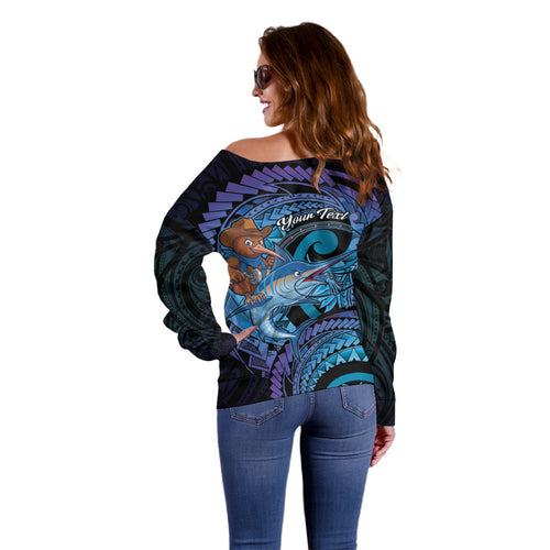 Personalised Blue Marlin Fishing New Zealand Off Shoulder Sweater NZ Kiwi Cowboy Born To Fish